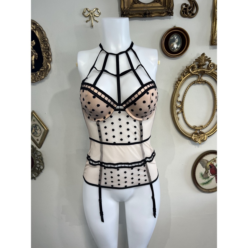 Victoria's Secret Nude & Black Polka Dot Halter Bustier Corset Size 36C